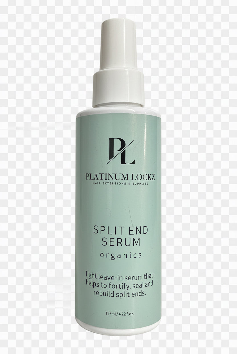 Split end serum bottle with visible branding on a dark surface