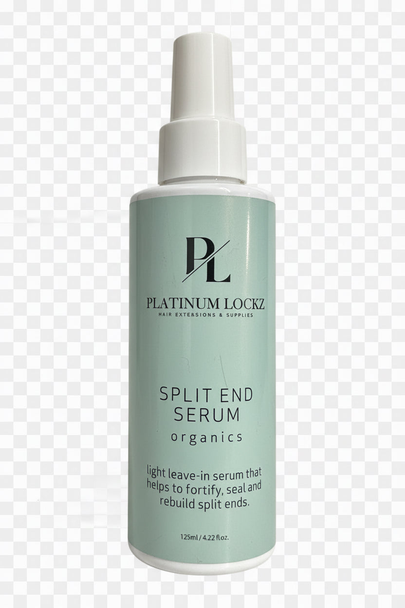 Split end serum bottle with visible branding on a dark surface