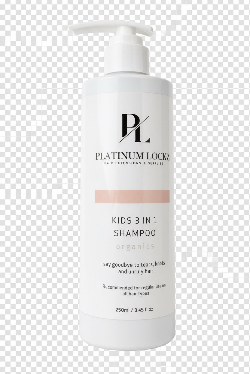 Platinum Loco Kids 3-in-1 shampoo bottle on a dark surface with a textured gray fabric background